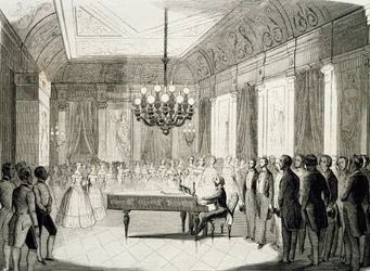 Musical evening with piano (engraving)