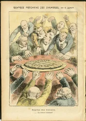 Illustration of Achille Lemot (1846-1909) in Le Pelerin, 03/06/06 - Next rental of the chambers - Antiparliamentarism, Chamber of Deputes Hemicycle, Galette des rois - Depute