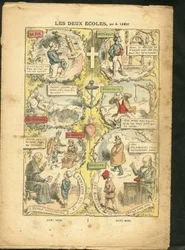Illustration of Achille Lemot in Le Pelerin, 04/04/09 - The two schools - Teaching, Religion Faith, Catholic Catholicism - Laicisation Laicite Laiques Laws - Teacher, Lycean student, collegian, Cures