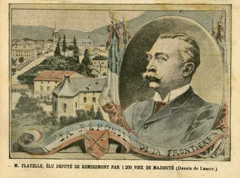 Illustration in Le Pelerin - M. Flayelle, elected deputy of Remiremont by 1200 majority votes - Elections, Alsace Lorraine, Chamber of Deputies Hemicycle, Patriotism, Borders, Remiremont, Vosges - Deputy, Flayelle