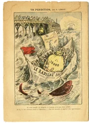 Illustration of Achille Lemot in Le Pelerin, 20/06/09 - In perdition - Radicalism, Elections, Antimaconism Freemaking, Maritime Marine Seaside, Fifteen thousand, Parliamentary indemnities, Radical and Radical Socialist Party - Fish, Shark - Ani
