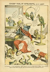 Illustration of Achille Lemot (1846-1909) in Le Pelerin, 21/05/05 - Vocal and instrumental concert - Russia, Germany Prussia, Music, England Great Britain, Europe, Japan, Peace, Morocco, Diplomacy, Three-color flag, Bloc des lefts, Singing singers, Patriot