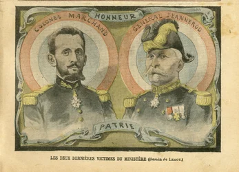 Illustration of Achille Lemot in Le Pelerin, 29/05/04 - The last two victims of the ministry - Army, Ministry of War, Patriotism - Secularization Secular Laws - Marchand Jean-Baptiste, General Generals, Jeannerod Gaspa