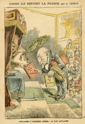 Illustration of Achille Lemot in Le Pelerin, 31/01/04 - How they serve France - Germany Prussia, Religion Faith, Bloc des Left, Patriotism, Catholic Catholicism - Evictions of Religious - Combes Emile, William II, Delsor Nicolas