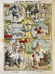 The two schools: caricature on the differences between the confessional school and the laique school - by Lemot, in 