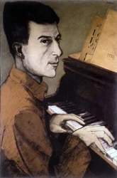 Portrait of Maurice Ravel on the piano - lithography by Ouvré