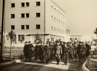 Inauguration of the buildings of the Royal Airport "Fausto Pesci" in Bologna, constructed by the Company Mauro Toschi fu Ulisse, in the presence of the Duce Benito Mussolini, 24/10/1936