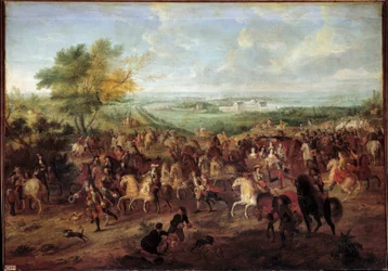Walk by carriage of King Louis XIV, Queen Marie Therese of Austria, Dauphin Louis and Dauphine in front of the castle of Clagny in Versailles