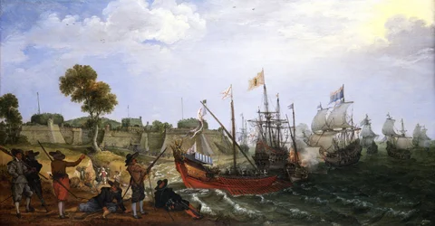 A Dutch war squadron attacking a Spanish colonial fortress, defended by boats