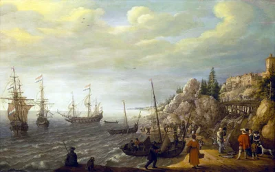 Three Dutch Ships Anchored in a Bay in Front of a Scandinavian Fortified City