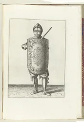 Exercise with the Targe and Rapier: The Soldier Holds the Targe in Front of the Chest and the Drawn Rapier Against the Left Shoulder (No. 6), 1618