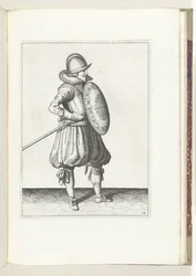 The exercise with shield and pike: the soldier brings the pike into position to drag in two movements, second movement (no. 14), 1618