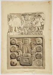 Stone relief from Mexico City showing two figures of warriors facing a central decorated 