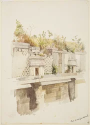 Casa de Monjas, Uxmal, Mexico Painting of the upper floor of the ruins