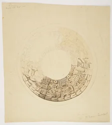Pot Cover from Belize (formerly British Honduras) Circular Design, Part of Which is Missing, Shows a Design Including Figures of Men, Glyphs etc