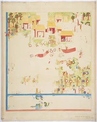 Quarter scale copy of a painting from the south end panel, east wall, inner chamber, Upper Temple of the Jaguars, Great Ball Court, Chichen Itza, Mexico