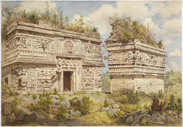 Ruins at Chichen Itza, Yucatan, Mexico Depicts east facade of Building A and Iglesia