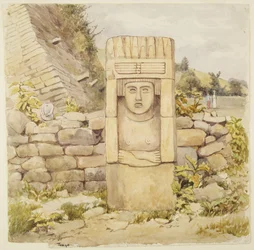 Statue from Teayo, north Veracruz, Mexico Shows stone statue with breasts and folded arms