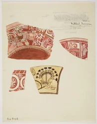 Three fragments of red pottery with designs including a running dragon-like figure in white, and one fragment of buff pottery with design in brown