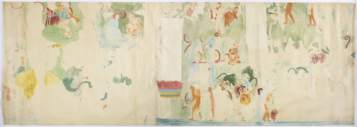 Tracing of a wall painting from north panel, west wall, Upper temple of the Jaguars, Chichen Itza, Mexico