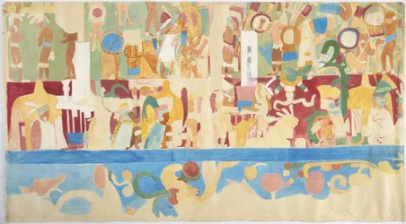 Tracing of a wall painting from south wall, inner chamber, Upper Temple of the Jaguars, Great Ball Court at Chichen Itza, Mexico