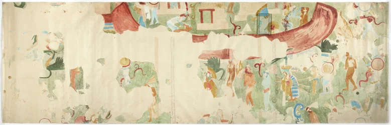 Tracing of a wall painting from the north west wall, inner chamber, Upper temple of the Jaguars, Chichen Itza, Mexico