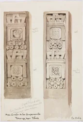 Two columns with stone reliefs, Cerritos de los Campamentos, Tenago, near Toluca, Mexico