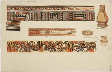 Two jars and a dish with designs