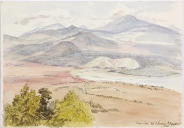 View from the Cerro del Calvario, Patzcuaxo on one side of the paper and on the other is a view of the ancient fortress and stone mounds, Iguatcho from Cerro del Calvario, Patzcuaro, Michoacan, Mexico