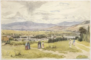 View of Tlaxcala and Ixtaccihuatl in Mexico