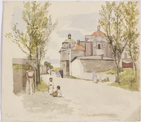 View of a village street with women and children - Puebla (?), Mexico