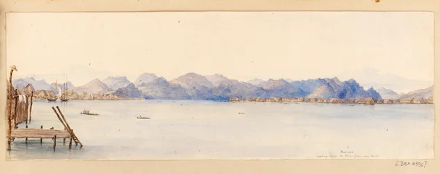 Borneo- Looking down the River from our house from West Indies, North American and Borneo scrapbook, c.1845