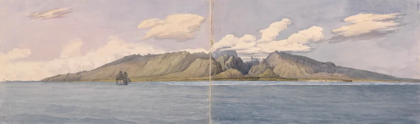 Tahiti [Society Islands]. The Ravine of Fautaua - Crown or Diademe Mountain in the Centre of the Island, and the Town of Papeiti, 24 August 1849