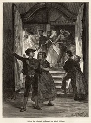 A cabaret scene, a couple leaves the scene, while a man threatens them with a knife, held by two women; while another couple faces them when entering the cabaret, engraving after the drawing by Adolf Dillens, illustrating a journey to Zelande (Neerlande)
