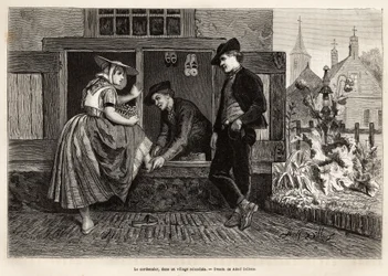 A shoemaker in a Zelandan village, makes a young woman try a shoe accompanied by a young man, engraving after the drawing by Adolf Dillens, illustrating a journey to Zelande (Netherlands)