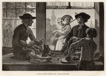 A tailor and his apprentice, working on the edge of the window to enjoy the light and the spectacle of the passers-by of the street, in Rilland (South Beveland), engraving after the drawing by Adolf Dillens, illustrating a journey to Zelande (Neerlande)