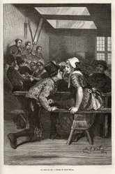 On fair days, the peasants offer to drink sweet liqueurs to young girls, the same glass serves everyone, and passes from mouth to mouth, often filled, and allows the young pretendant to make his court, at the rhythm of the orchestra and dances (engraving)