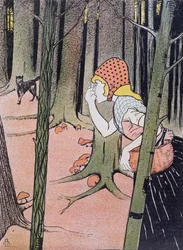 Little Red Riding Hood sees the Wolf in the Forest, illustration from Jugend published in Muenchen 1896