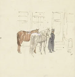 Man with Two Horses in Front of a Building