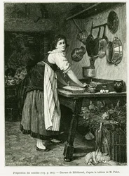 Noodle preparation. Engraving to illustrate the story A Through Alsace and Lorraine, in 1887, by Charles Grad, in the tour du monde 1888, directed by Edouard Charton, Hachette, Paris.