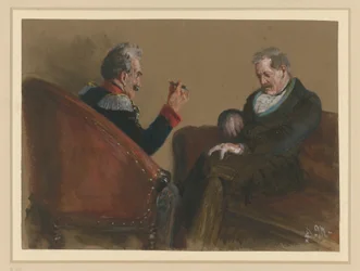 Older Officer and Civilian Sitting Opposite Each Other in Conversation
