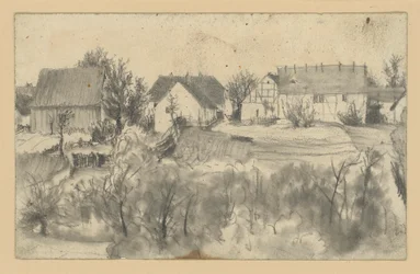 View of Barns and Farmhouses, with Low Trees and Shrubbery in the Foreground