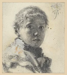 Bust portrait of a girl facing right, her head turned toward the viewer