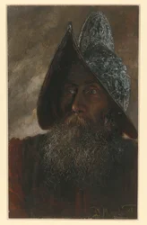 Bust Portrait of a Bearded Soldier with a Helmet, Turned Slightly to the Left