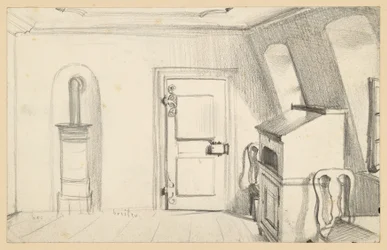 Attic Room with Stove, Door, Writing Cabinet and Chairs in Goethe House in Frankfurt am Main