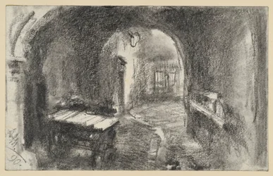 Dark Arched Passage, a Handcart in Front