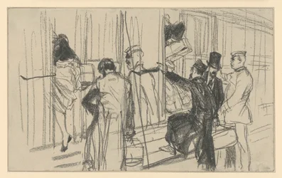 Railway passengers boarding and conductor. Platform scene