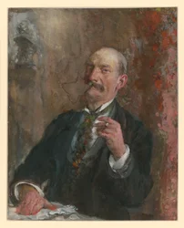 Half-length figure of a seated man, his right hand placed on the tabletop before him, holding a cigarette in his left hand