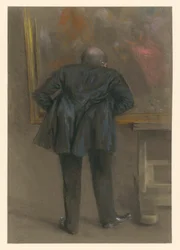 Man Leaning Forward Standing in Front of a Picture, Back View