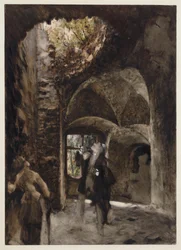 In the Ruins, a Gentleman and a Lady Stand on a Landing and Look Up at a Large Hole in the Vault